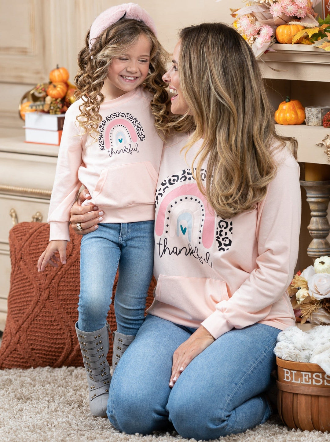 Mommy and Me Fall Thankful Rainbow Pouch Pullover - Mia Belle Girls