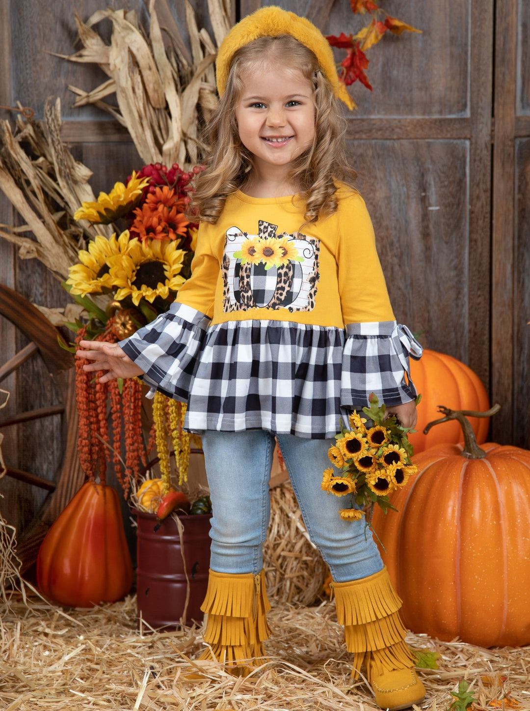 Cute Fall Tops For Kids | Girls Sunflower Pumpkin Plaid Ruffle Tunic