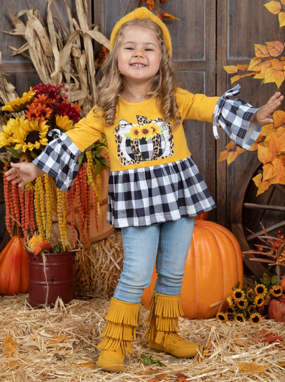 Cute Fall Tops For Kids | Girls Sunflower Pumpkin Plaid Ruffle Tunic