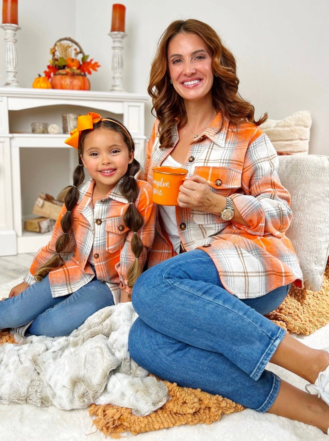 Mia Belle Girls | Matching Orange Flannel Shirts | Mommy & Me