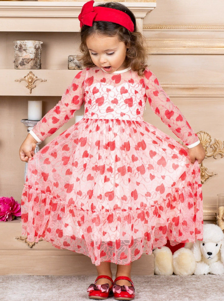 Toddler Valentine's Day Dress | Girls Long Sleeve Heart Lace Dress