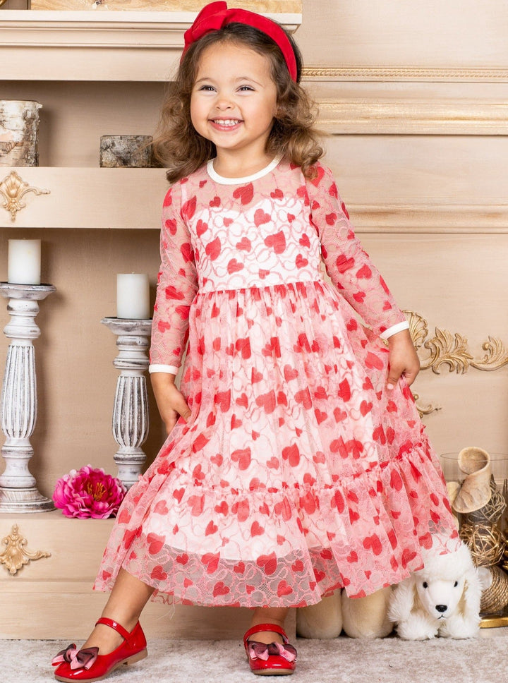 Toddler Valentine's Day Dress | Girls Long Sleeve Heart Lace Dress