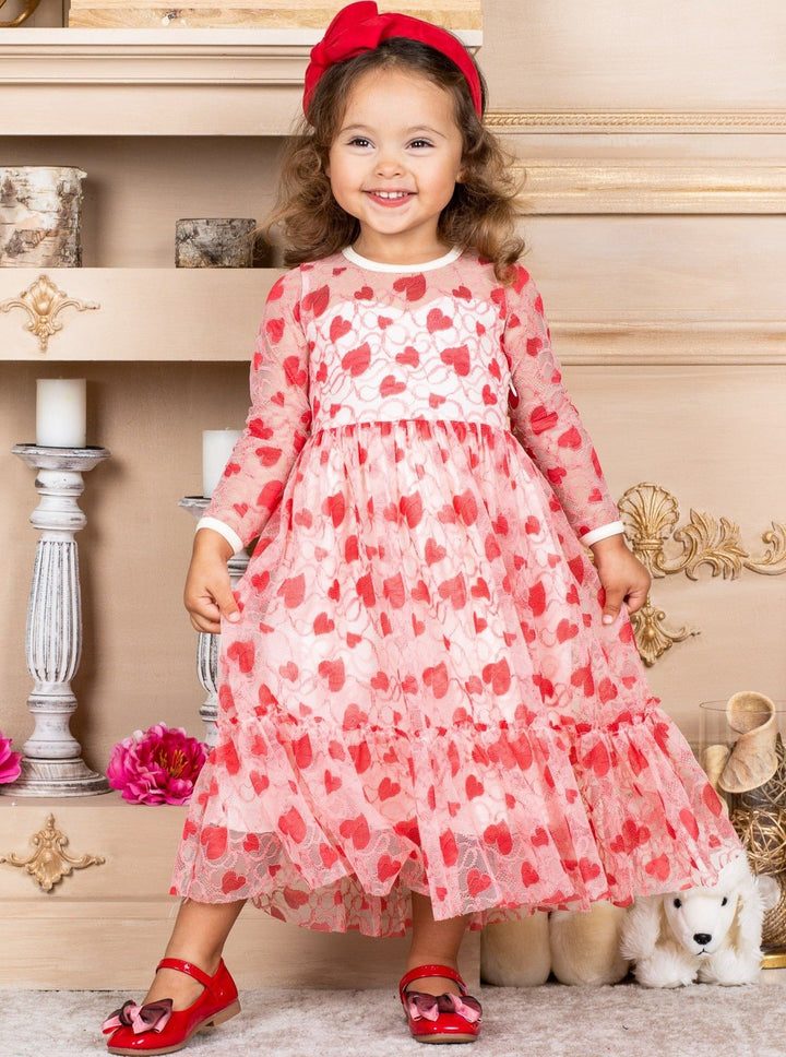 Toddler Valentine's Day Dress | Girls Long Sleeve Heart Lace Dress