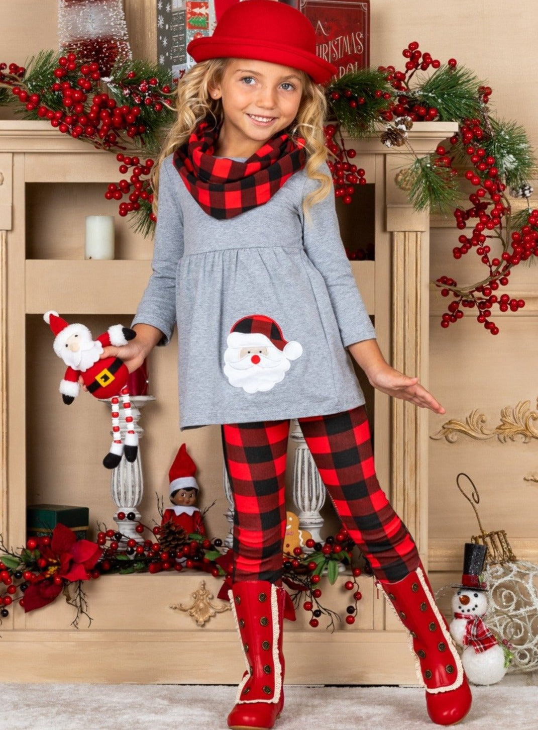 Cute Christmas Outfits | Girls Santa Tunic, Plaid Scarf & Legging Set