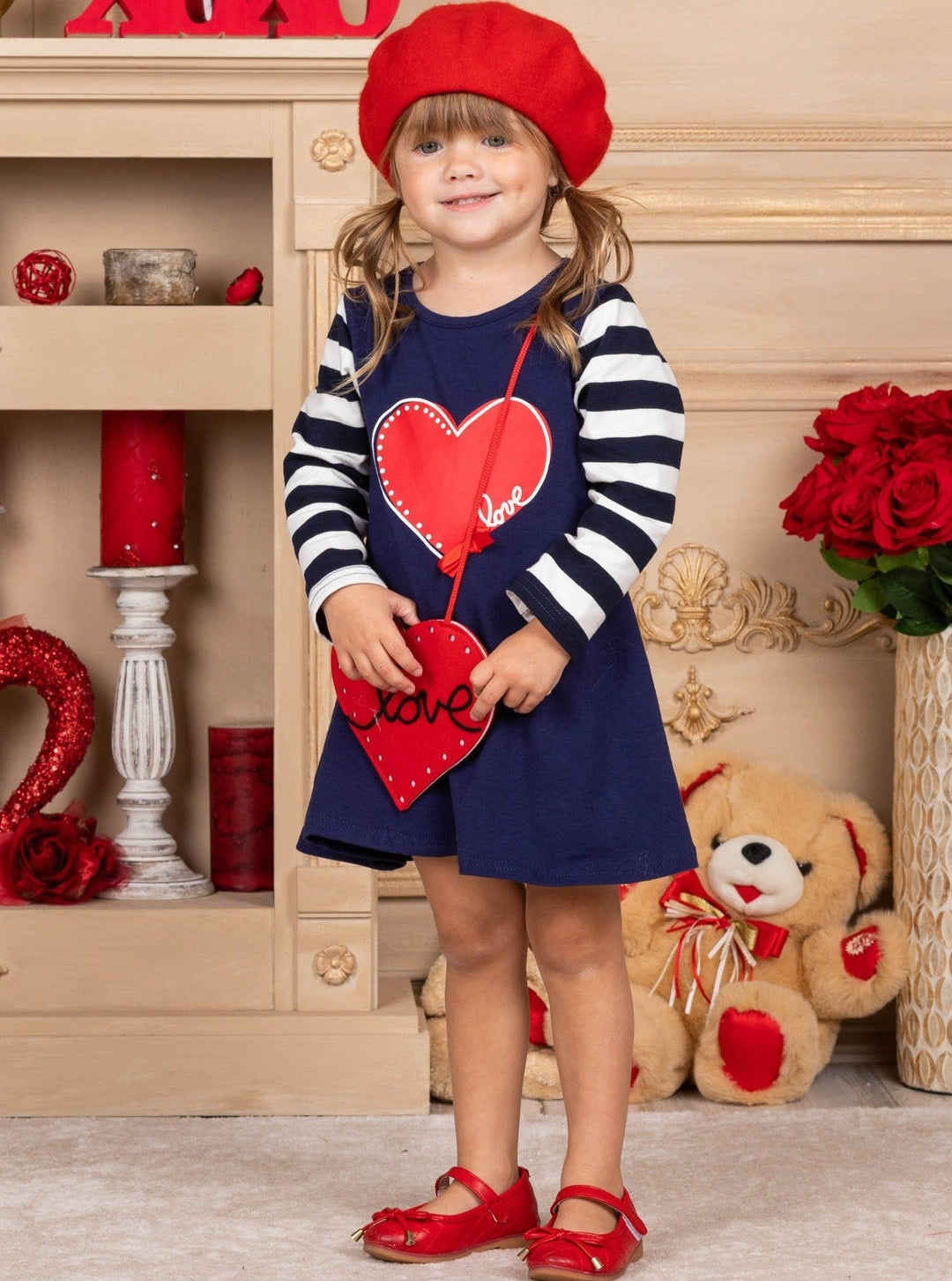 Kids Valentine's Clothes | Girls Striped Sleeve Dress & Purse Set