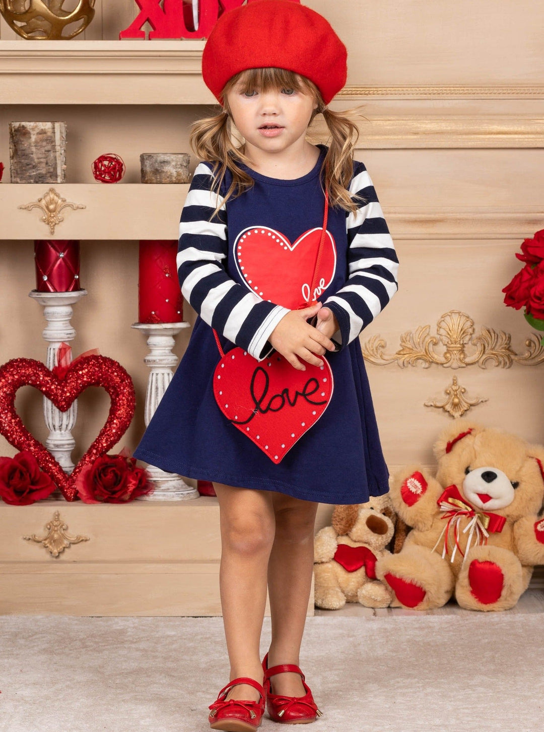 Kids Valentine's Clothes | Girls Striped Sleeve Dress & Purse Set