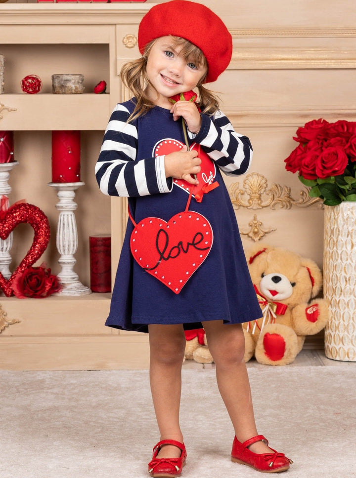 Kids Valentine's Clothes | Girls Striped Sleeve Dress & Purse Set