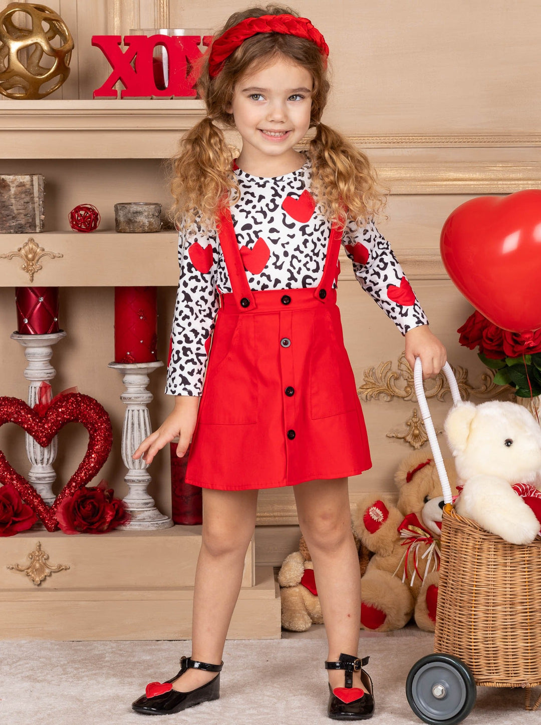 Kids Valentine's Day Clothes | Leopard Print Top & Suspender Skirt Set