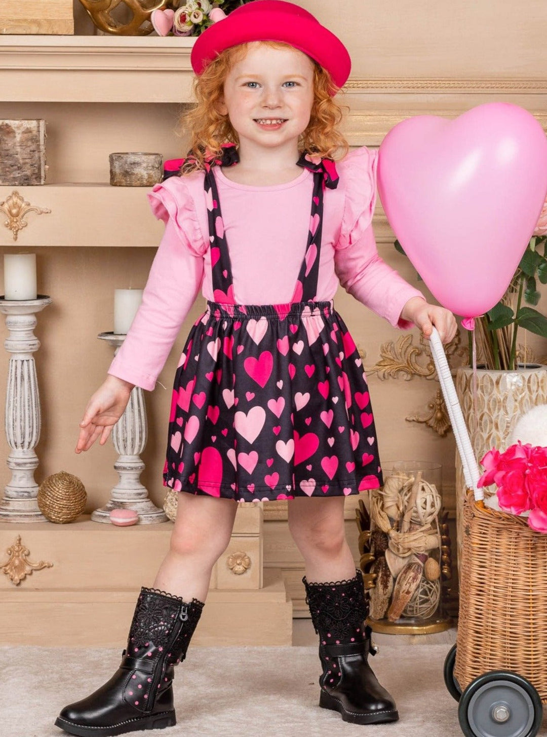 Kids Valentine's Clothes | Pink Ruffle Top & Heart Suspender Skirt Set