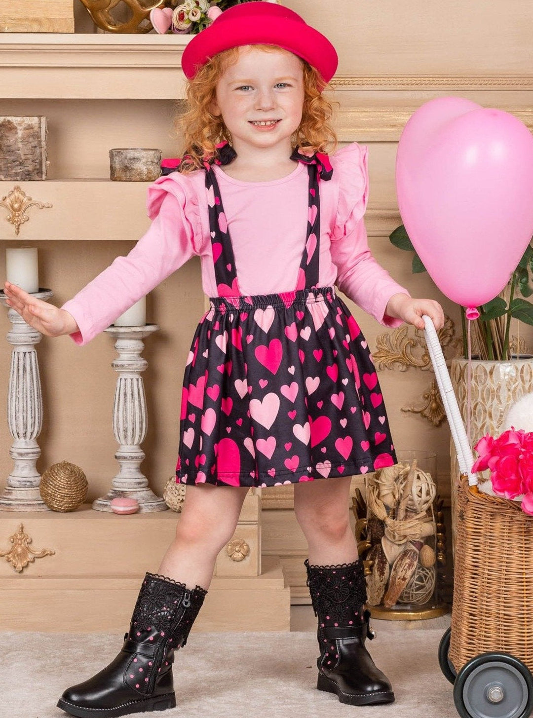 Kids Valentine's Clothes | Pink Ruffle Top & Heart Suspender Skirt Set