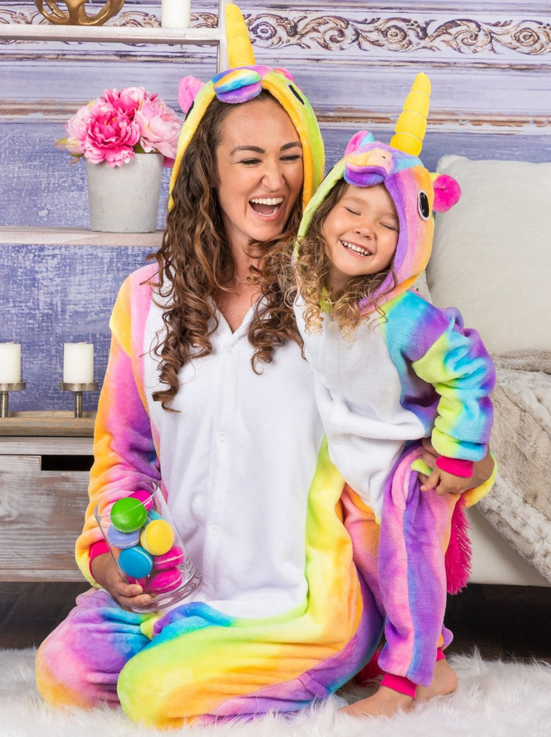 Mommy & Me Pastel Rainbow Unicorn Onesie Pajamas - Mia Belle Girls