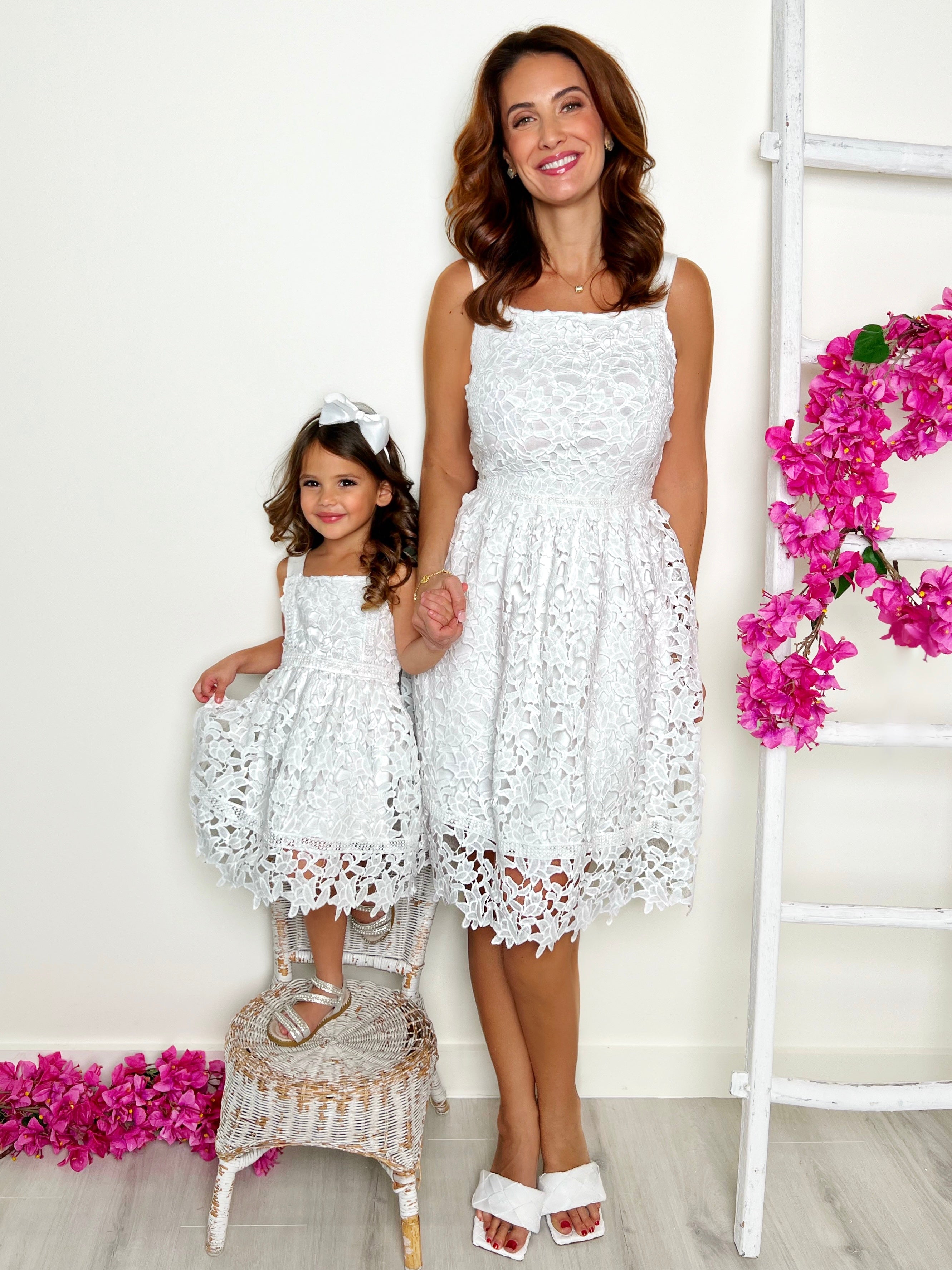 Mommy and Me Lovely In White Eyelet Lace Dress