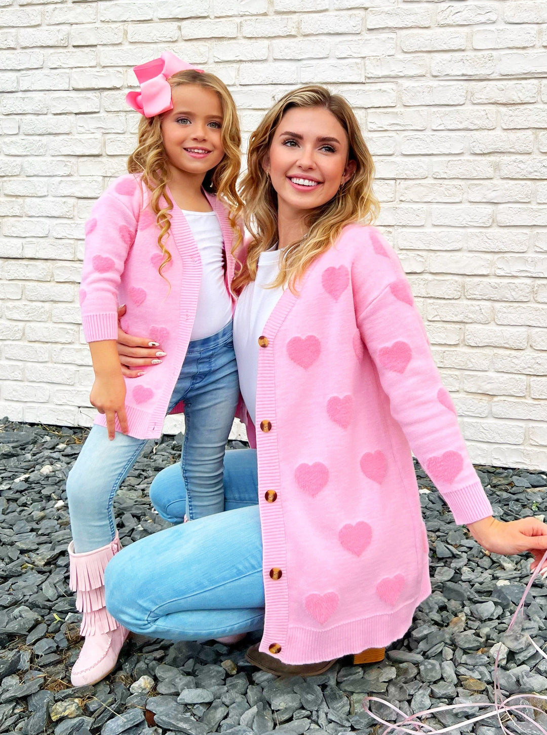 Mommy and Me Cardigans | Fuzzy Heart Print Oversized Cardigan