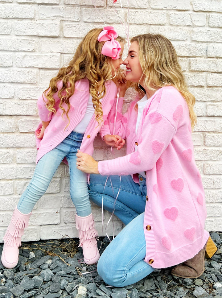 Mommy and Me Cardigans | Fuzzy Heart Print Oversized Cardigan