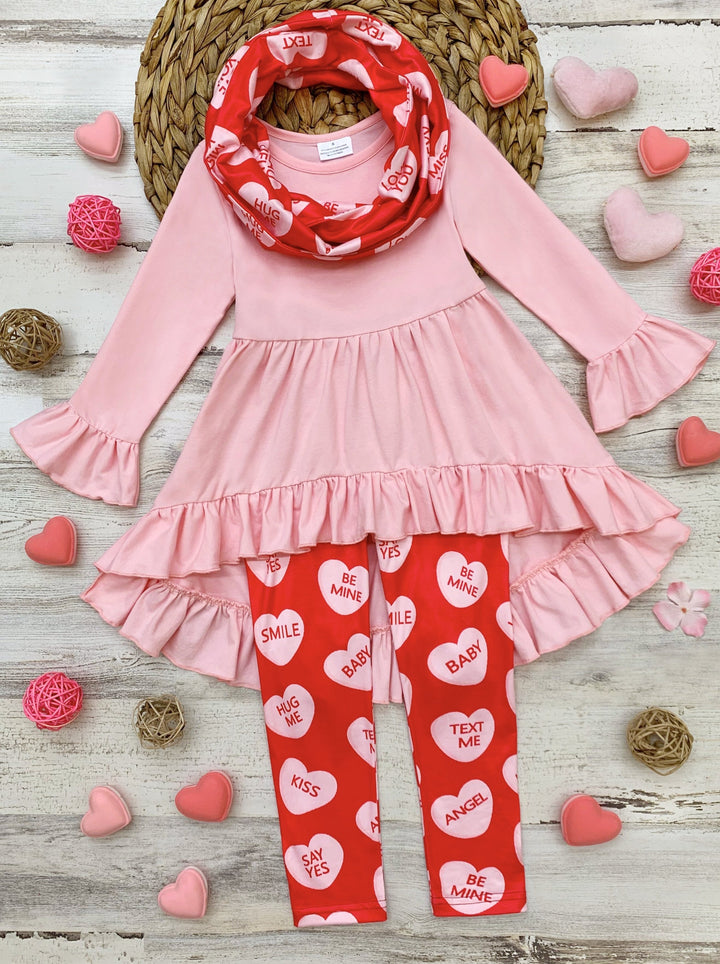 Kids Valentine's Clothes | Hi-Lo Ruffled Tunic, Scarf & Legging Set