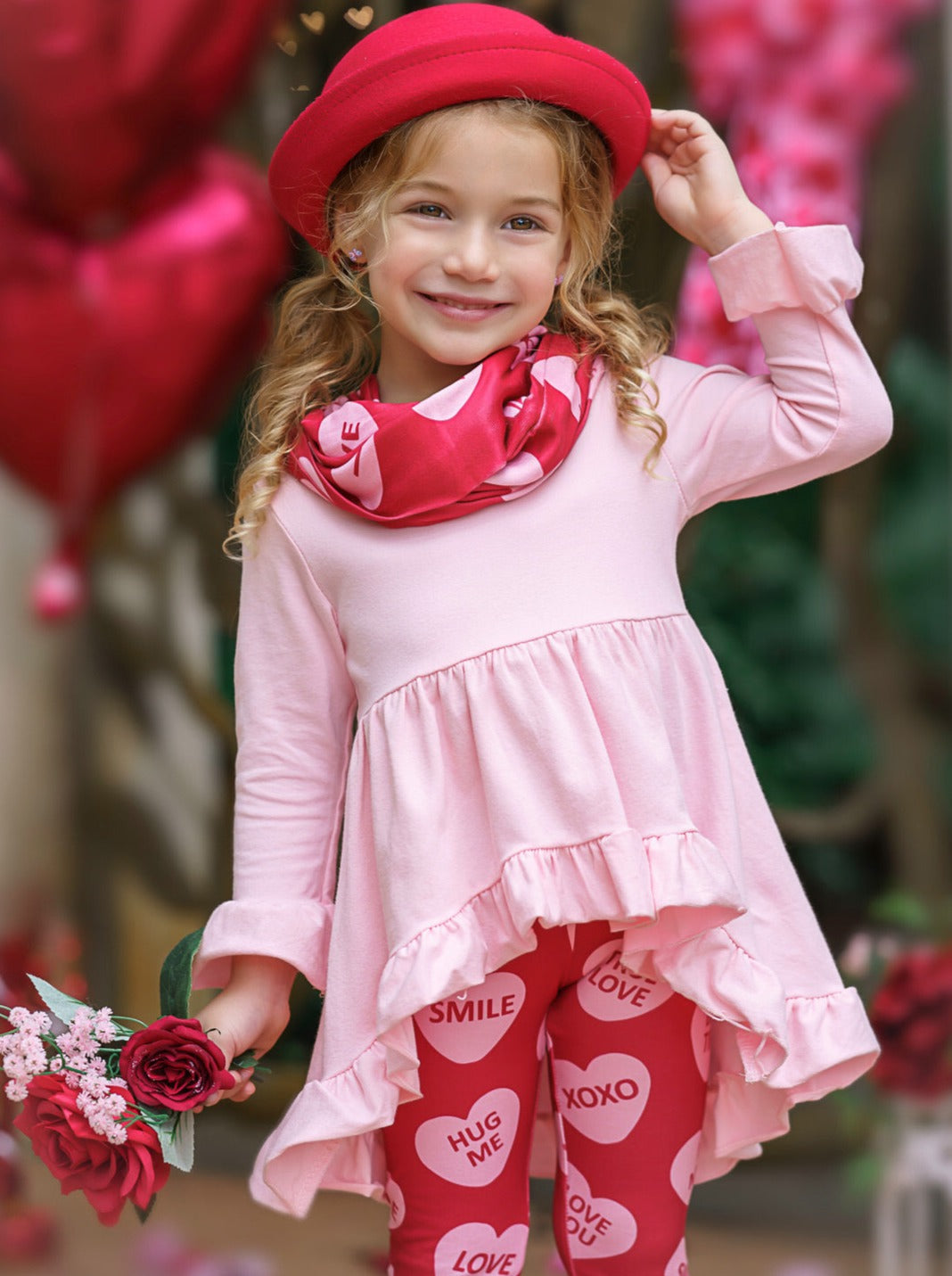 Kids Valentine's Clothes | Hi-Lo Ruffled Tunic, Scarf & Legging Set