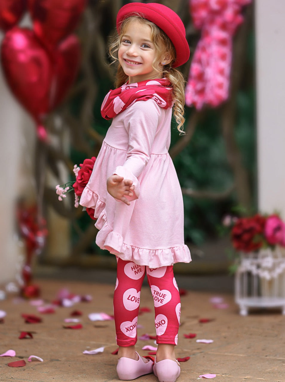 Kids Valentine's Clothes | Hi-Lo Ruffled Tunic, Scarf & Legging Set