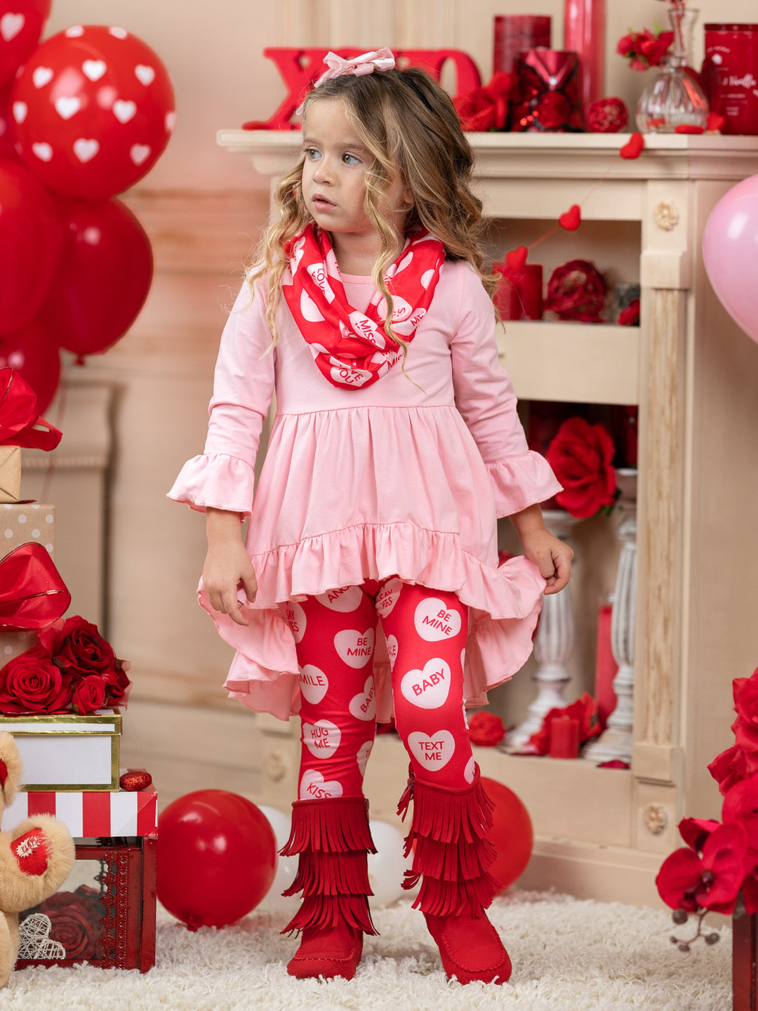 Kids Valentine's Clothes | Hi-Lo Ruffled Tunic, Scarf & Legging Set