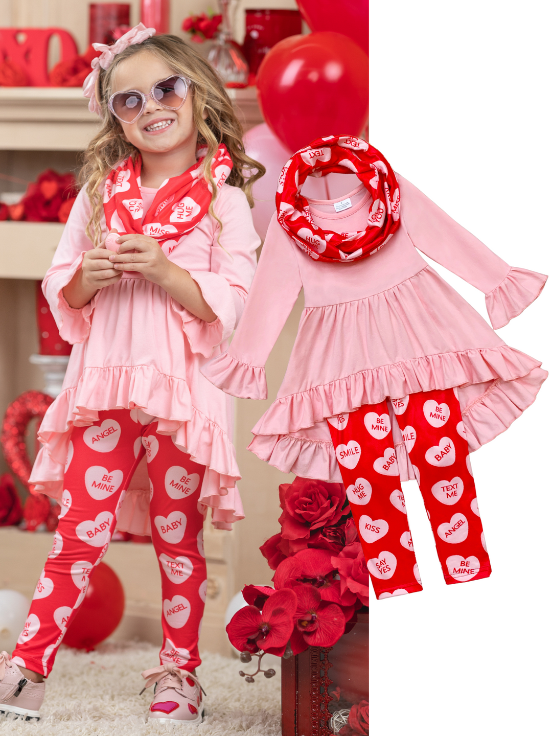 Kids Valentine's Clothes | Hi-Lo Ruffled Tunic, Scarf & Legging Set