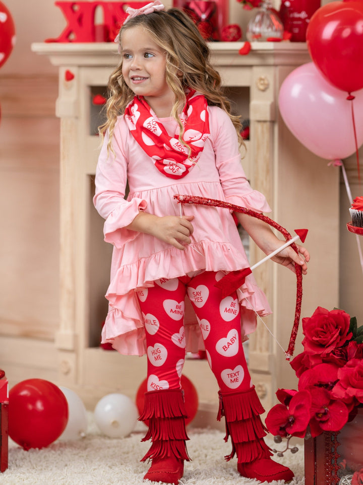 Kids Valentine's Clothes | Hi-Lo Ruffled Tunic, Scarf & Legging Set