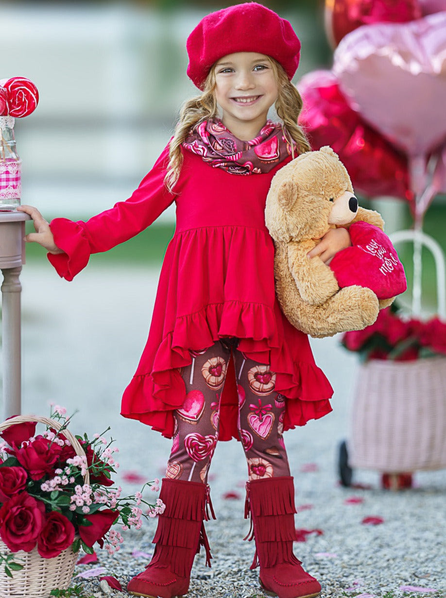  Kids Valentine's Clothes | Hi-Lo Ruffled Tunic, Scarf & Legging Set