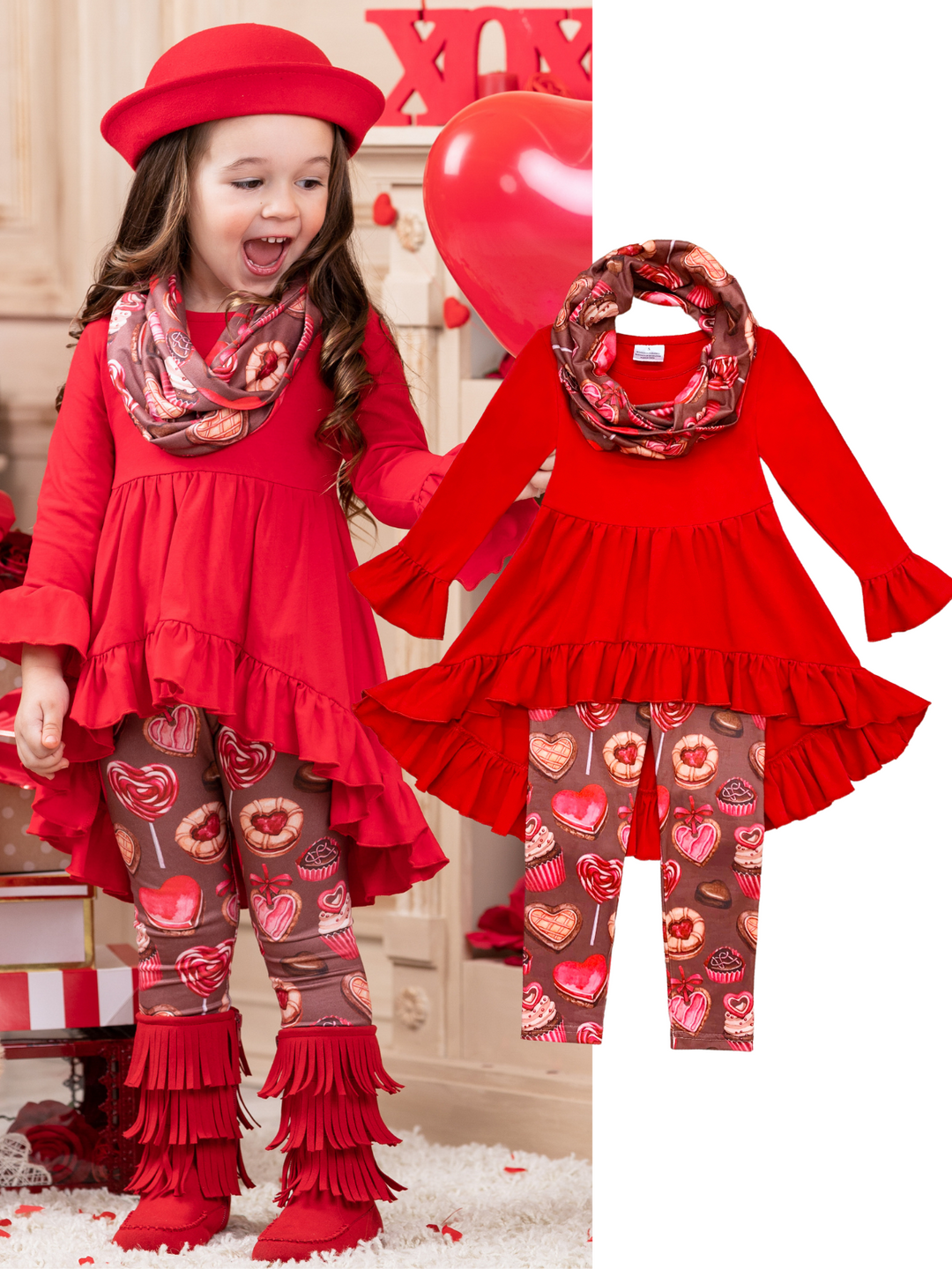  Kids Valentine's Clothes | Hi-Lo Ruffled Tunic, Scarf & Legging Set