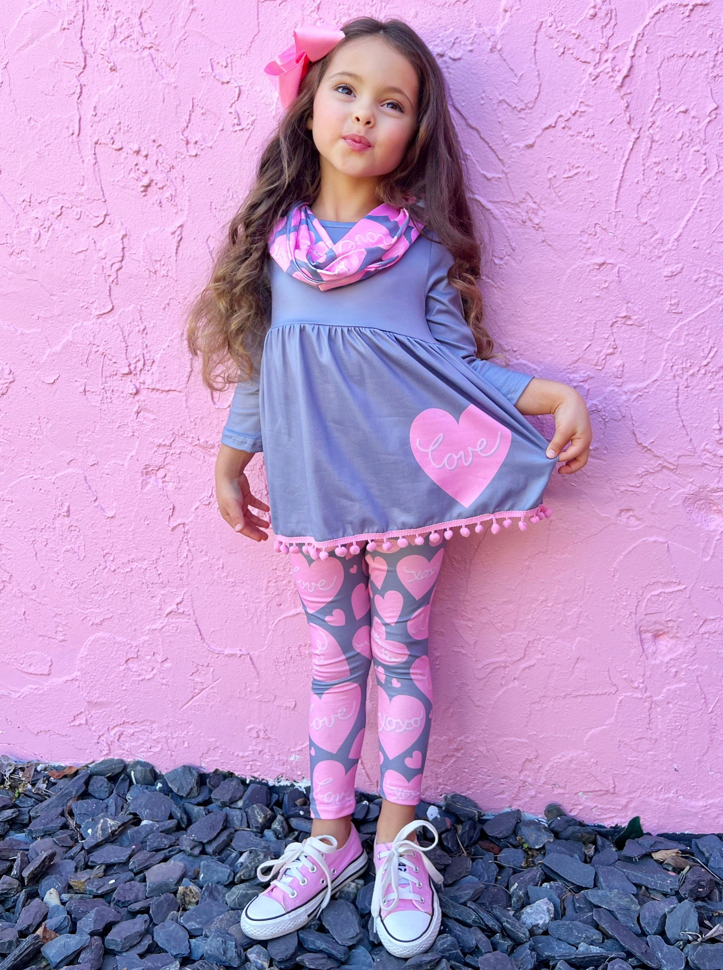 Mia Belle Girls Toddler Valentine s Day Outfit Heart Tunic Scarf Legging Set Grey 8Y
