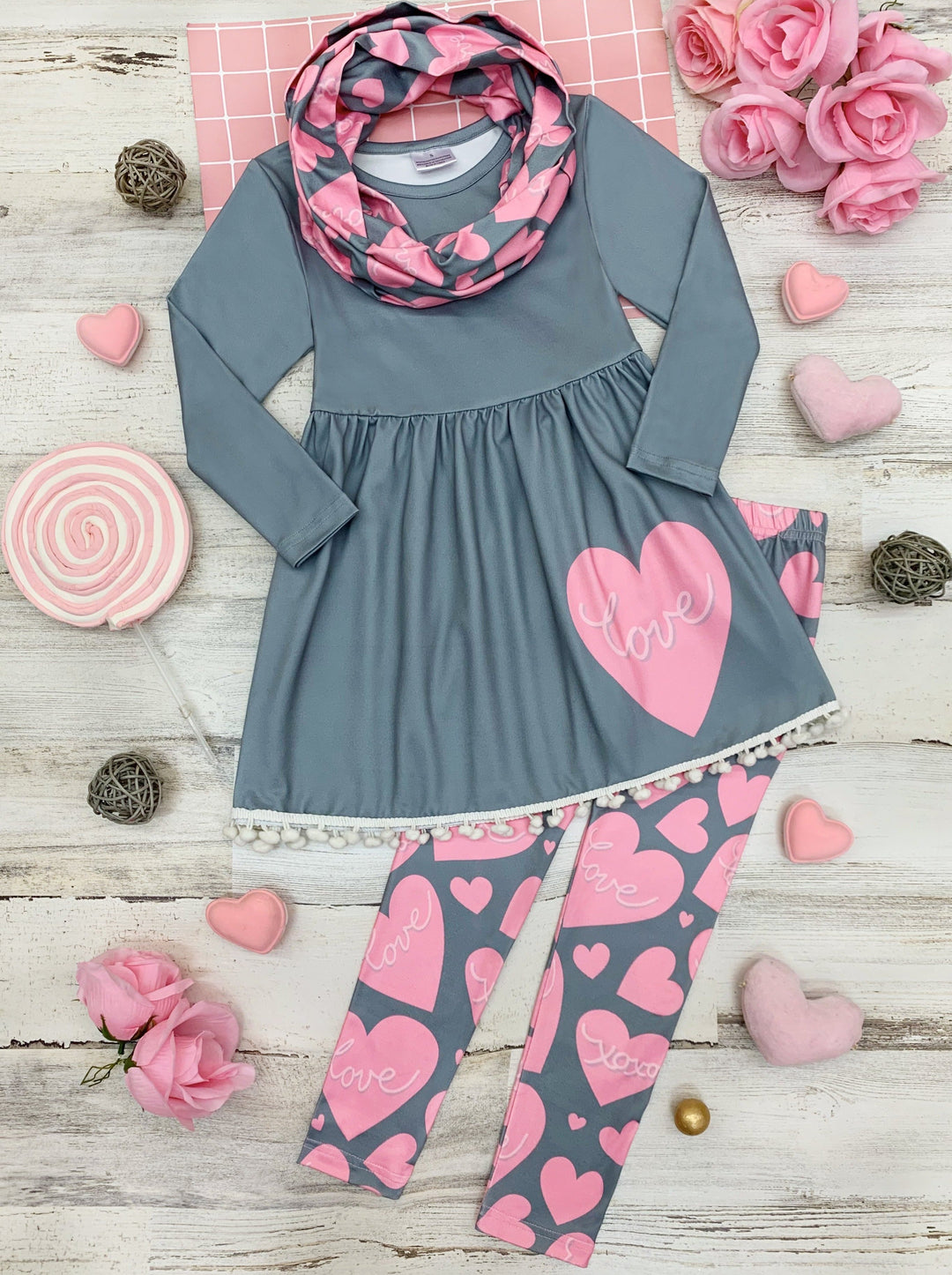 Toddler Valentine's Day Outfit | Heart Tunic, Scarf & Legging Set