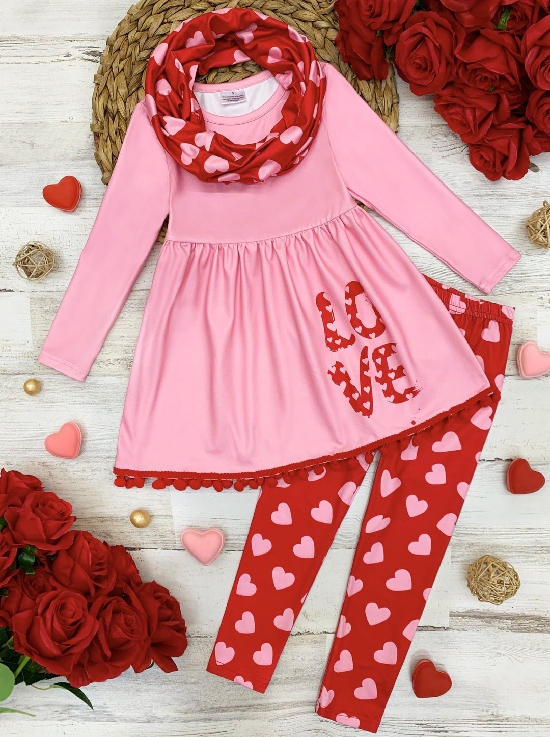 Kids Valentine's Clothes | Girls Love Heart Tunic, Scarf & Legging Set