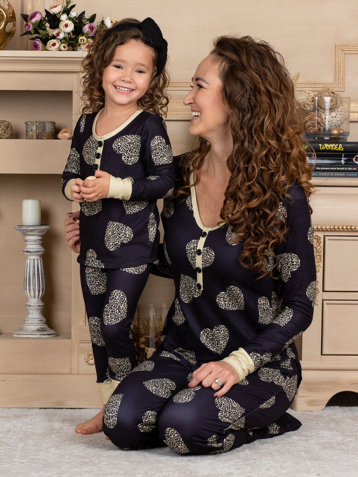 Mommy and Me Matching Pajamas | Leopard Heart Print Pattern Pajama Set