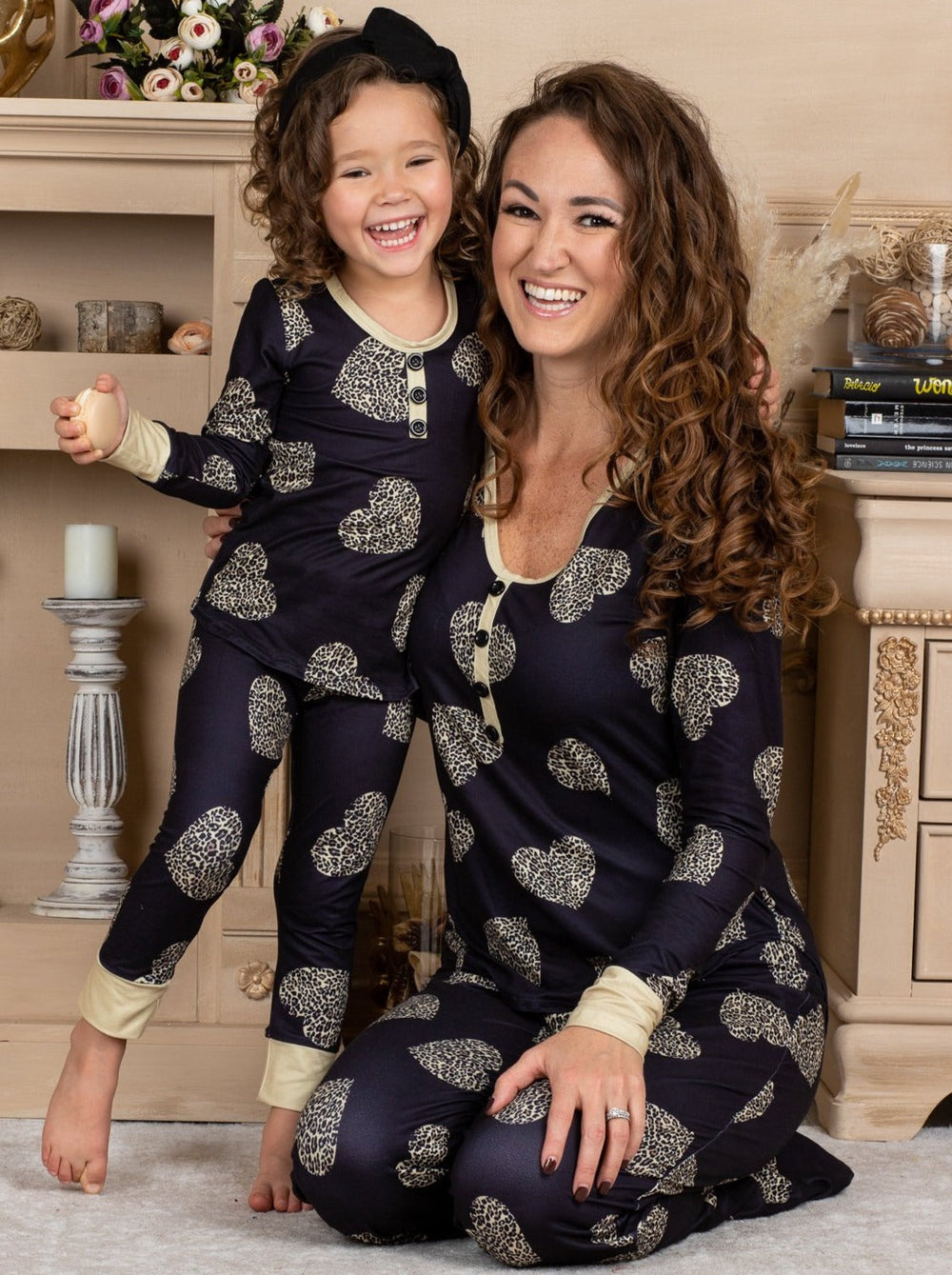 Mommy and Me Matching Pajamas | Leopard Heart Print Pattern Pajama Set