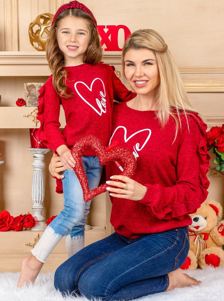 Mommy & Me Valentine's Day | Matching Love Heart Ruffle Sleeve Top