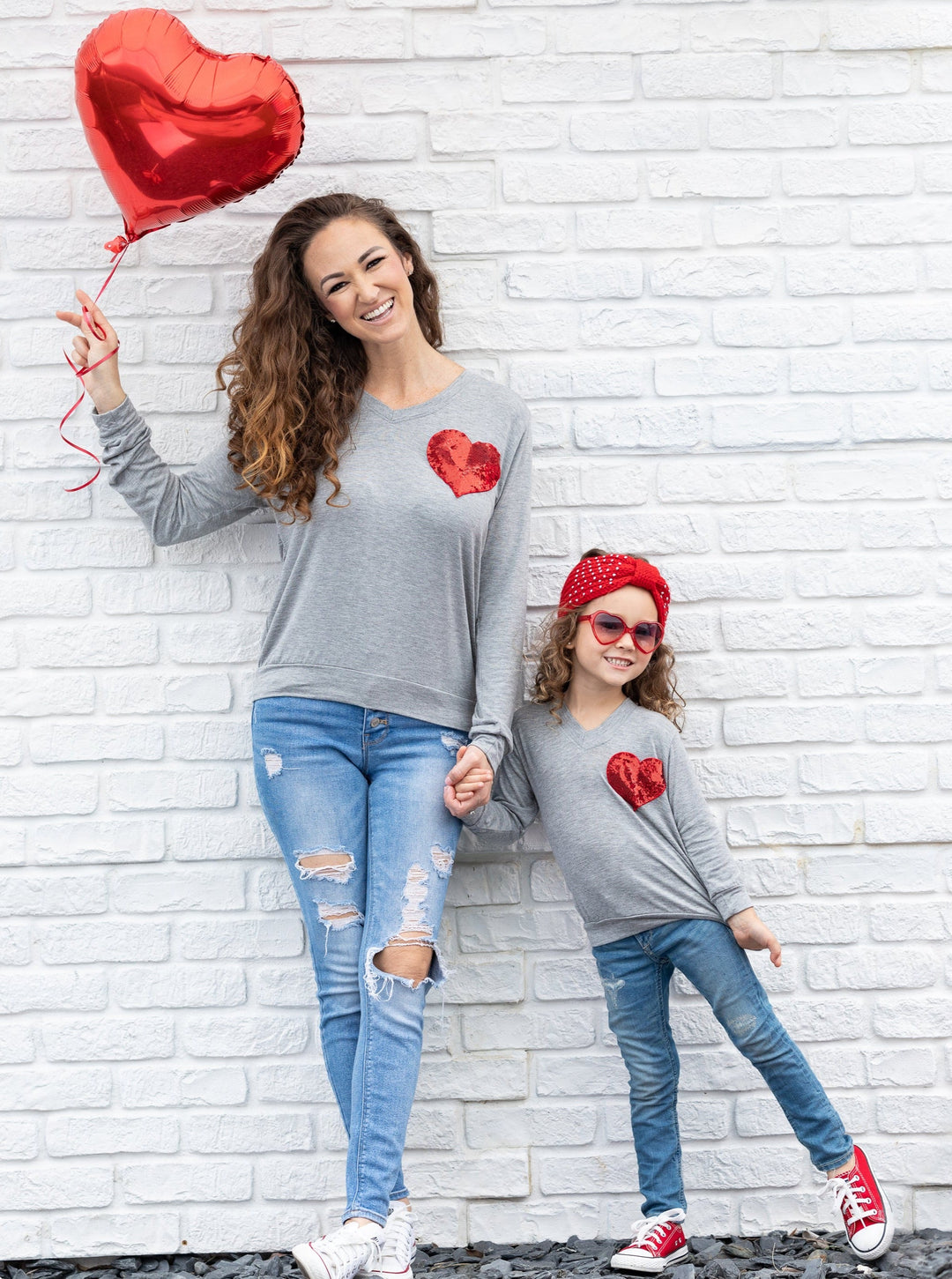 Mommy and Me Matching Tops | Sequin Heart Grey Long Sleeve Top