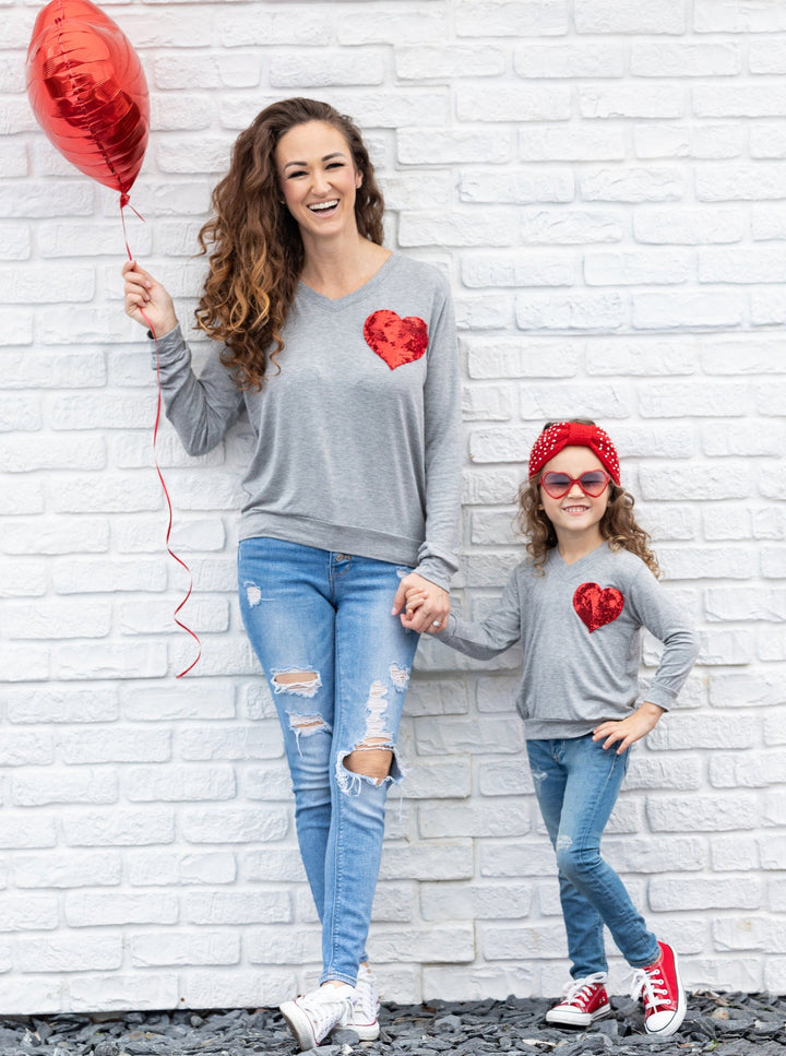 Mommy and Me Matching Tops | Sequin Heart Grey Long Sleeve Top