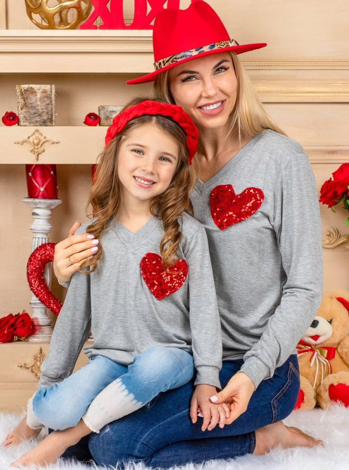 Mommy and Me Matching Tops | Sequin Heart Grey Long Sleeve Top