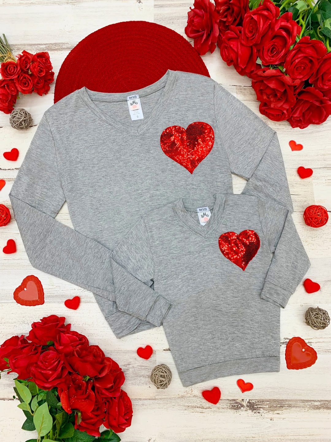 Mommy and Me Matching Tops | Sequin Heart Grey Long Sleeve Top