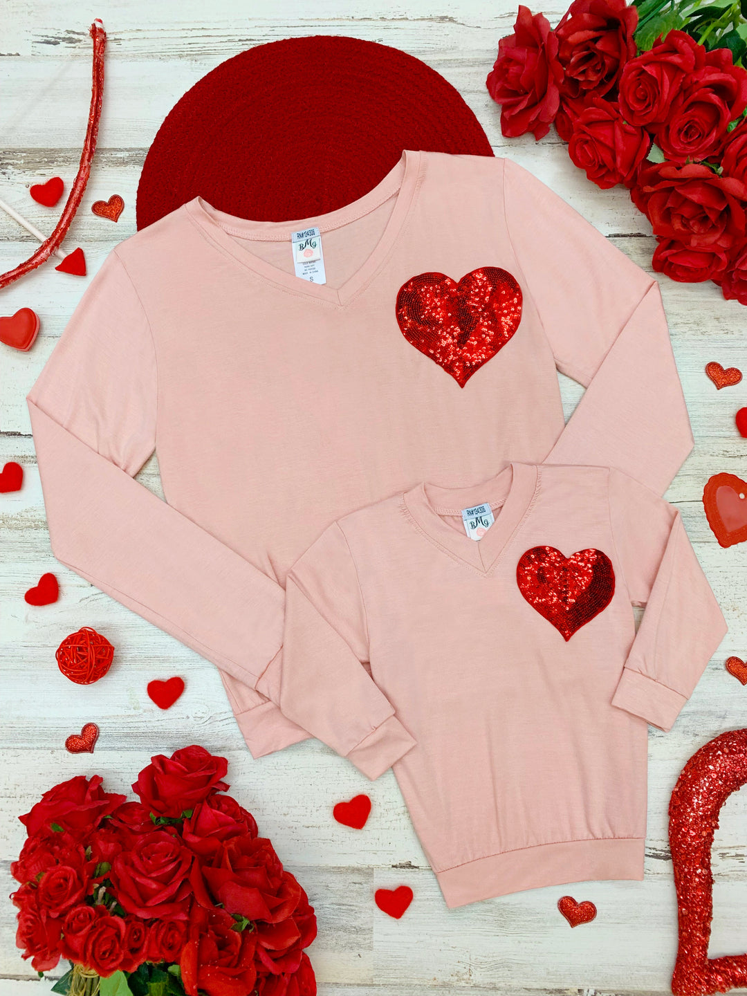 Mommy and Me Matching Tops | Sequin Heart Pink Long Sleeve Top