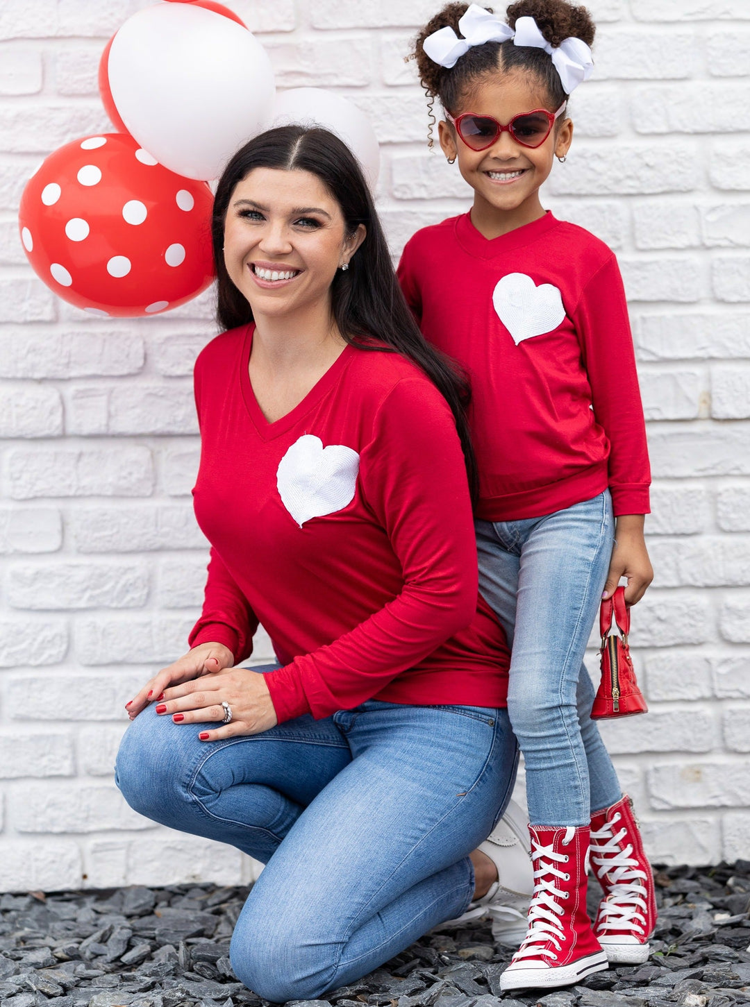 Mommy and Me Matching Tops | Sequin Heart Red Long Sleeve Top