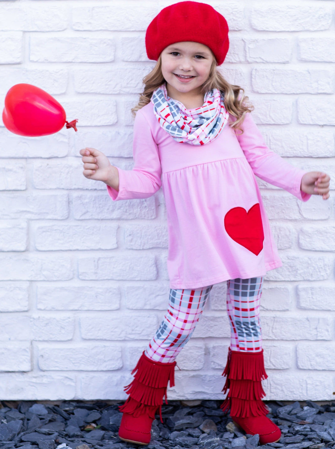 Toddlers Valentine's Outfits | Heart Tunic, Plaid Scarf & Legging Set