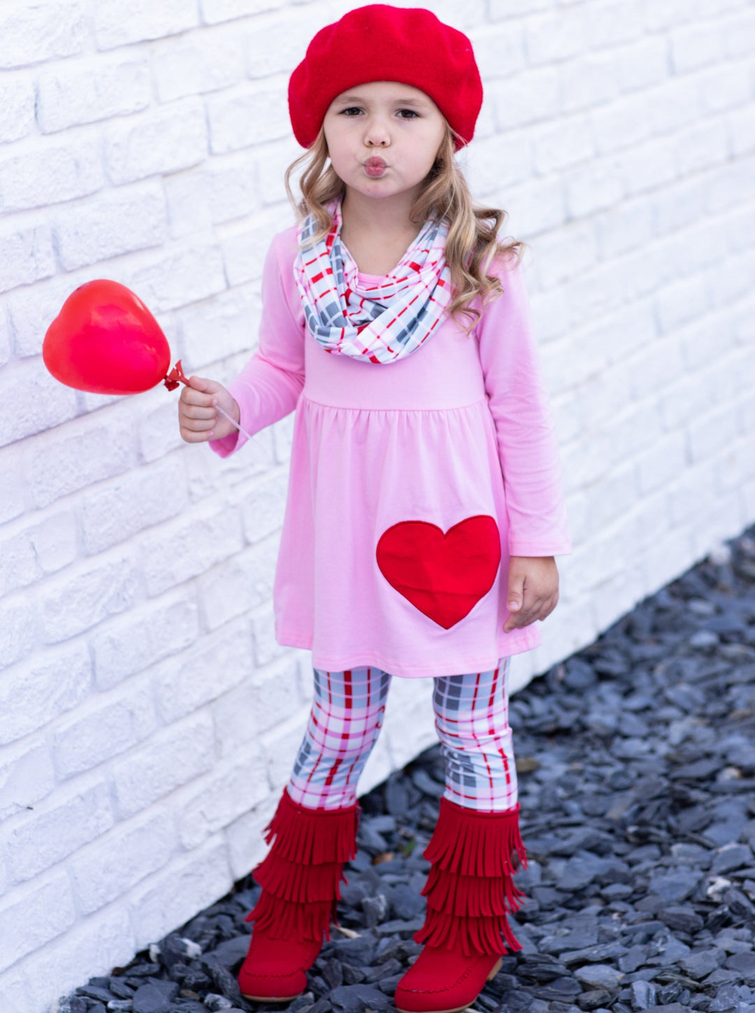 Toddlers Valentine's Outfits | Heart Tunic, Plaid Scarf & Legging Set