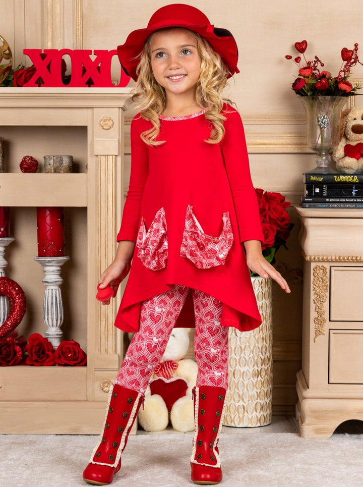 Girls Valentine's Day Clothes | Heart Print Pocket Tunic & Legging Set