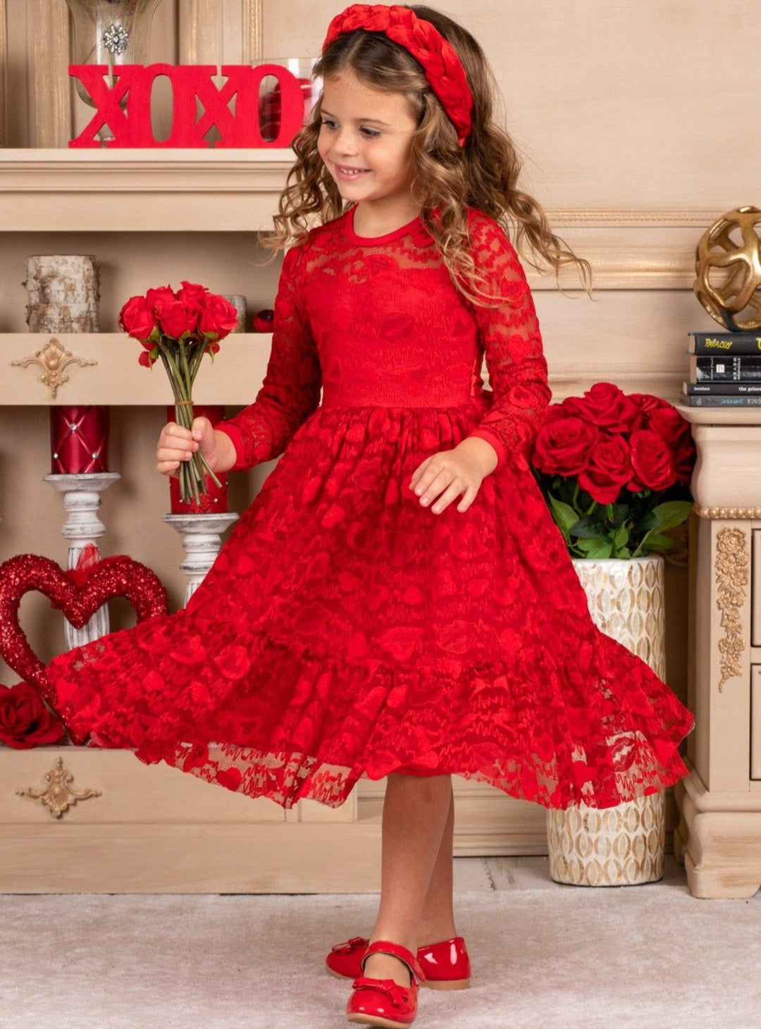 Toddler Valentine's Day Dress | Girls Long Sleeve Heart Lace Dress