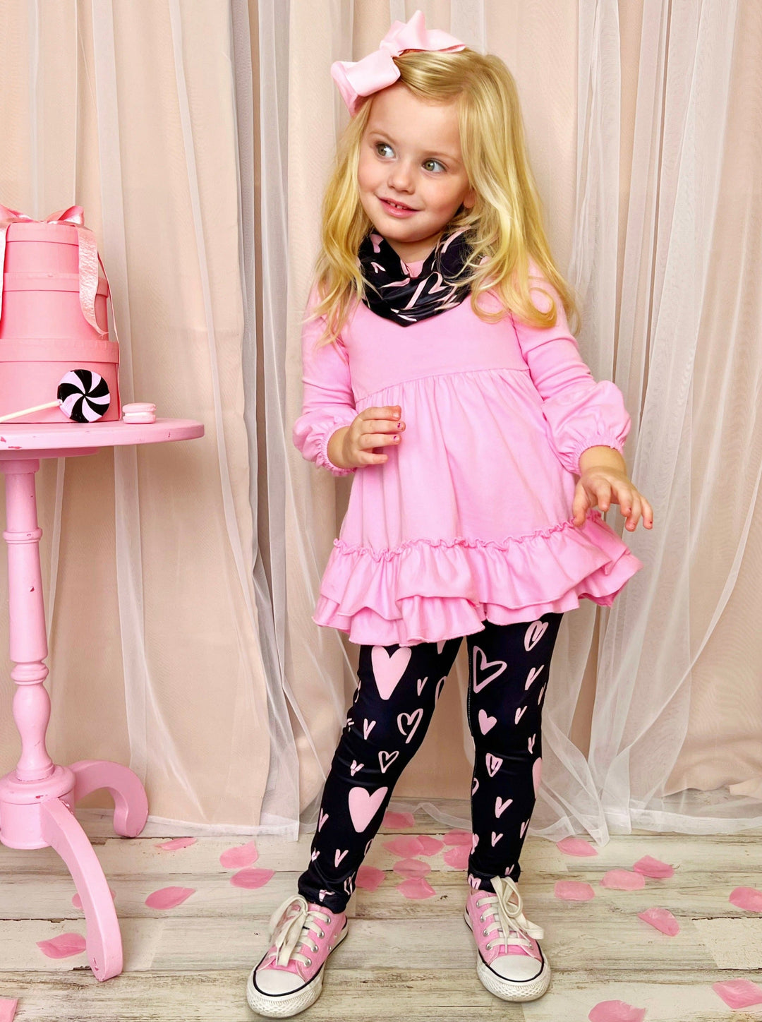 Kids Valentine's Clothes | Girls Tunic Heart Print Scarf & Legging Set