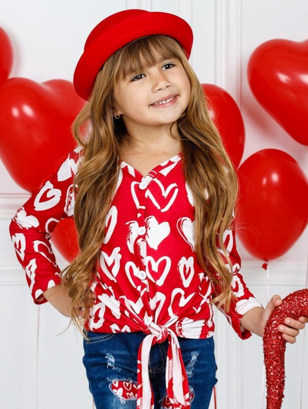 Girls Button Down Heart Print Knot Top - Girls Fall Top