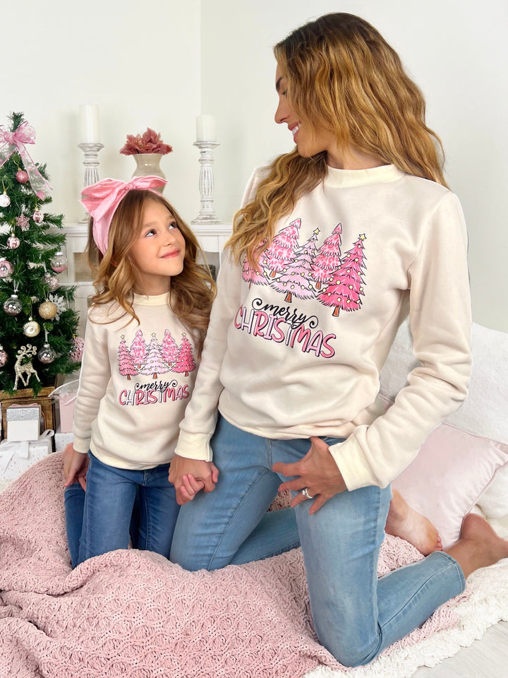 Mama und ich – Sweatshirt mit Rundhalsausschnitt und Weihnachtsbäumen in Rosa