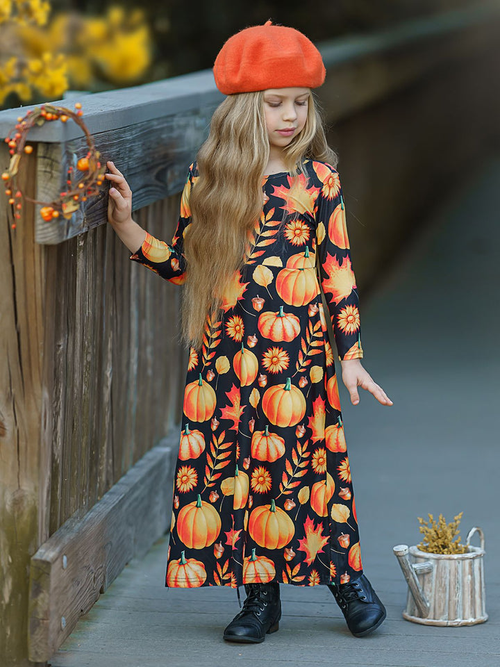 Girls Long Sleeve Pumpkin Printed Maxi Dress