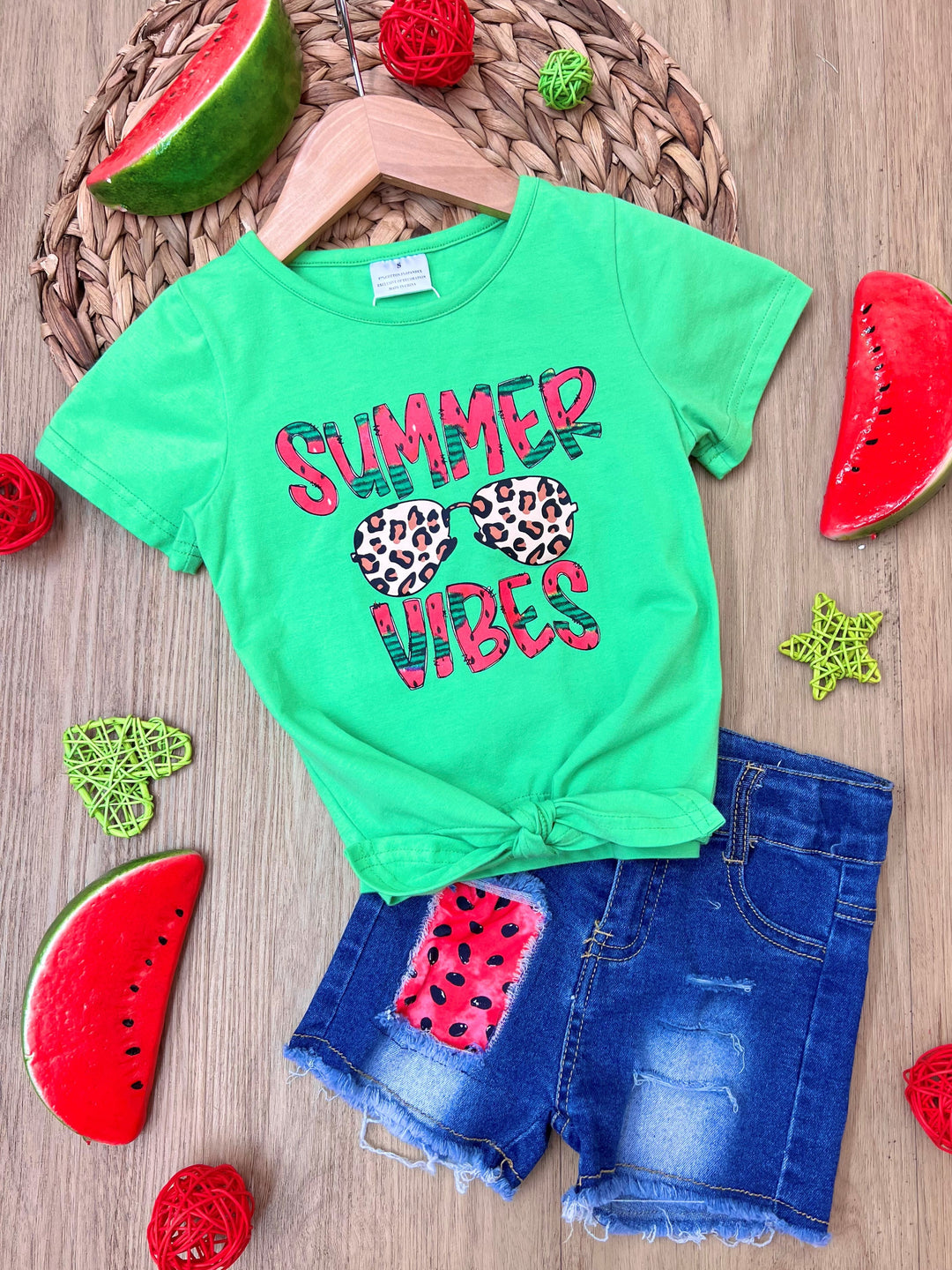 Kids Summer Clothes | Girls Knot Hem Top & Patch Denim Shorts Set