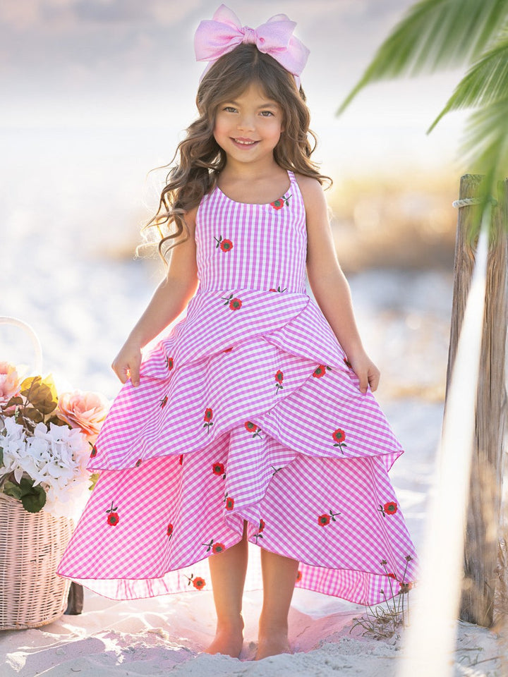 Pink Gingham Rose Embroidered Tiered Dress