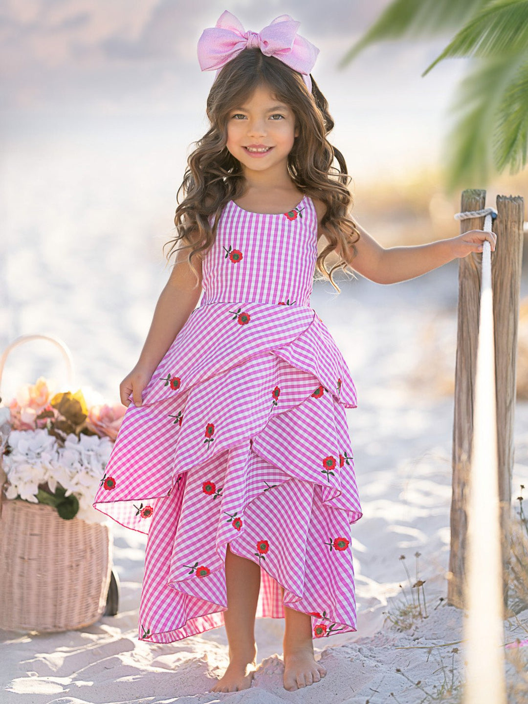 Pink Gingham Rose Embroidered Tiered Dress