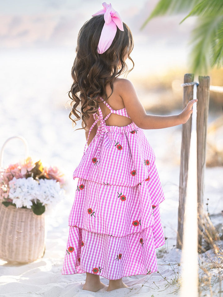 Pink Gingham Rose Embroidered Tiered Dress